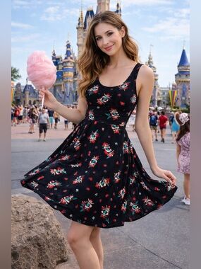 Disney Ariel Skater Dress Little Mermaid Black Fit & Flare Size L Theme Park